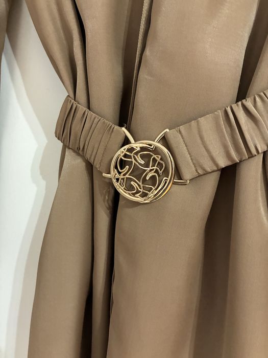 Ochnik elegancka sukienka midi beżowa pasek talia M L premium