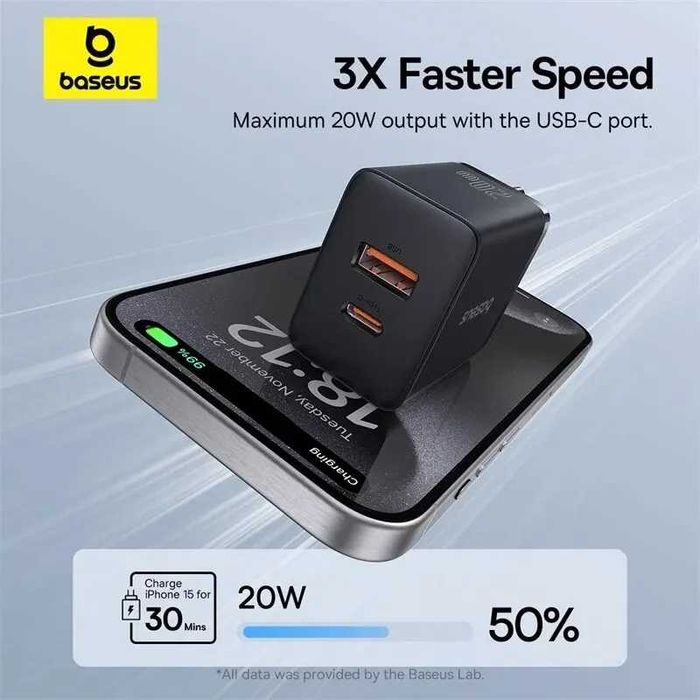 Ładowarka BASEUS cube 20w  3.0 PD, 3.0 QC 2 gniazda EU USB-C + USB-A
