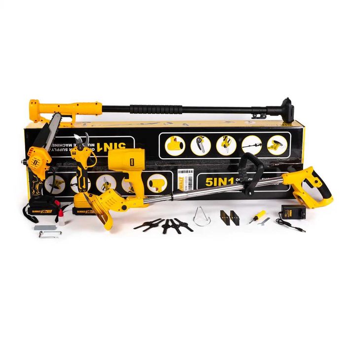 Акумуляторний набір садових інструментів DeWalt 5в1 36V 4Ah — мініпила, секатор, тример, повітродувка та телескопічна штанга 2.5 м, 2 АКБ