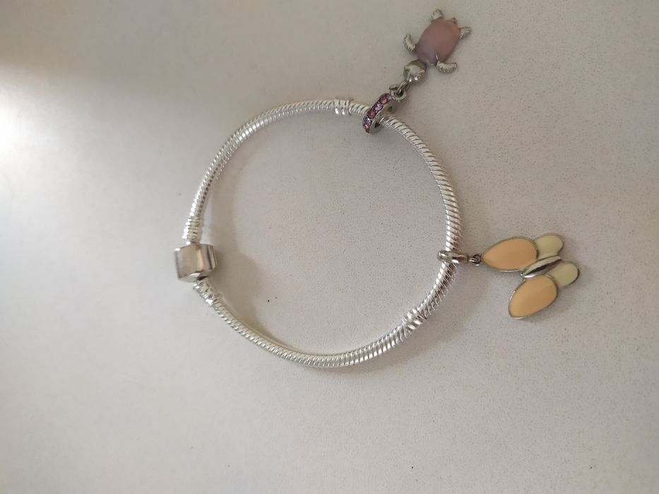 Bransoletka + 2 charmsy do Pandora Moments komplet żółw motyl łańcuch