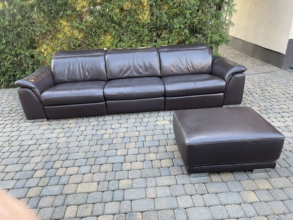 Zestaw wypoczynkowy skórzany rozkladana elektrycznie sofa relax 3m puf