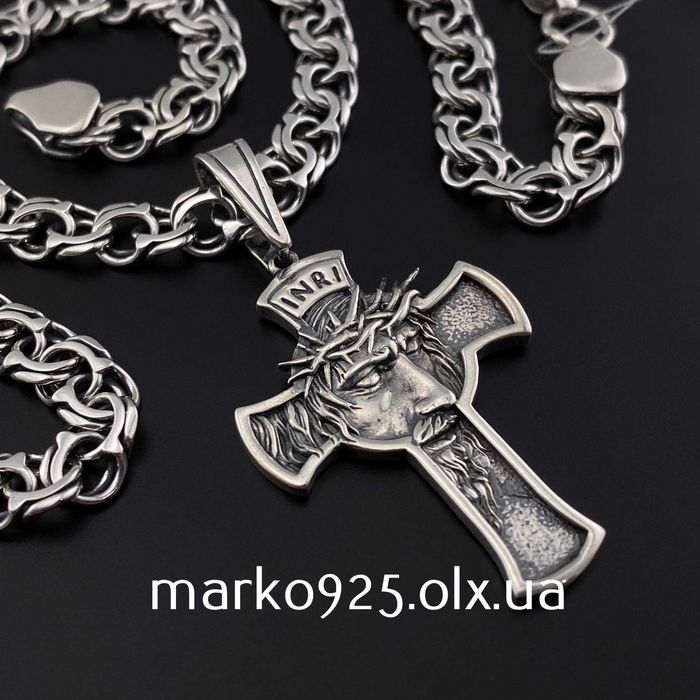 Масивна срібна цепочка чоловіча Бісмарк з хрестиком 925 проба ланцюжок