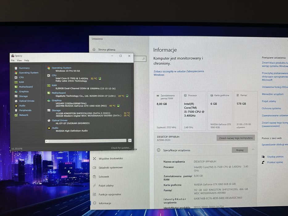 Komputer do gier intel core i5 7500 GTX 1060 6GB 8GB ram ssd hdd
