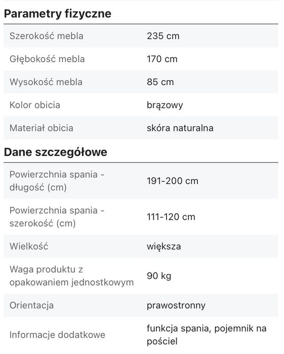 Kanapa sofa skórzana (10 miesięczna) z funkcją spania