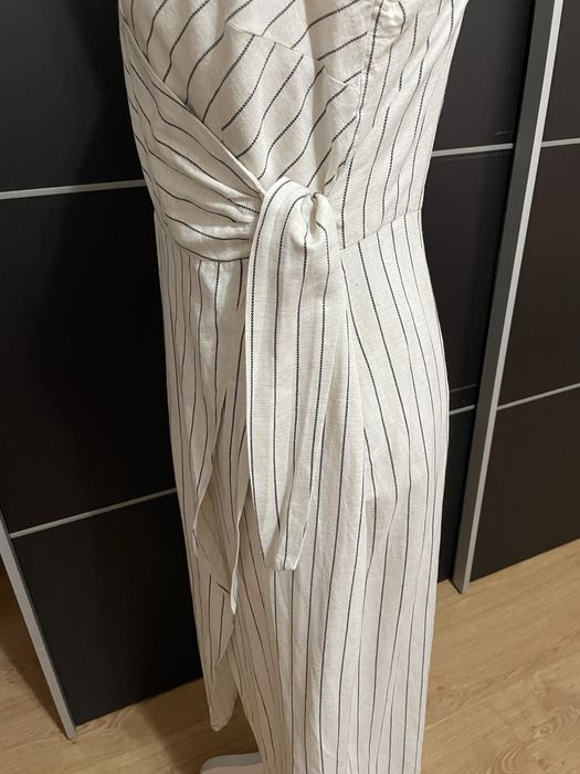 Vestido trespasse, beje c/riscas finas, comprido