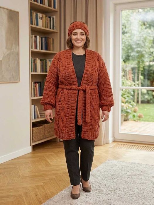 Miękki i przytulny kardigan handmade Alize Puffy Fine / R. XXL-XXXL / Jesienny rudy