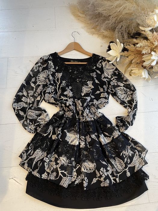 Sukienka roz S boho koronki print kwiaty liscie