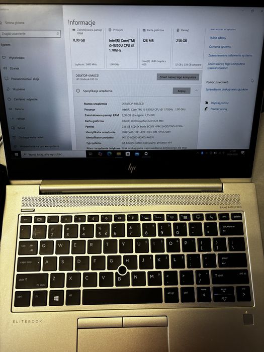 HP EliteBook 830 G5 | i5-8350U | 8GB RAM | 256GB SSD | Bateria ~2h + Zasilacz