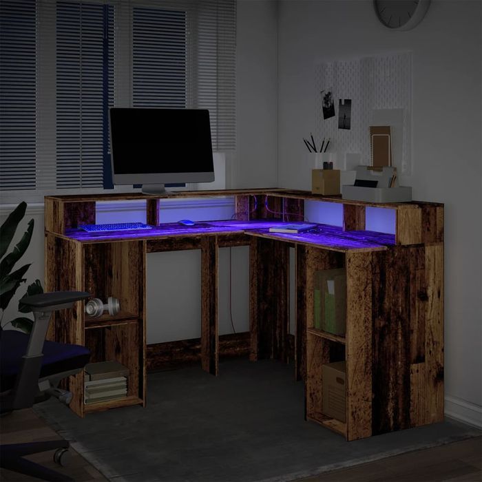 Vidaxl Biurko Z Podświetleniem Led, Stare Drewno, 130X130X91 Cm