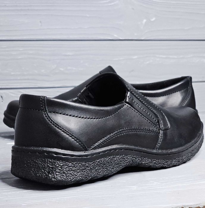 39-48р! Кожаные мужские прошитые черные туфли на резинке / без шнурков