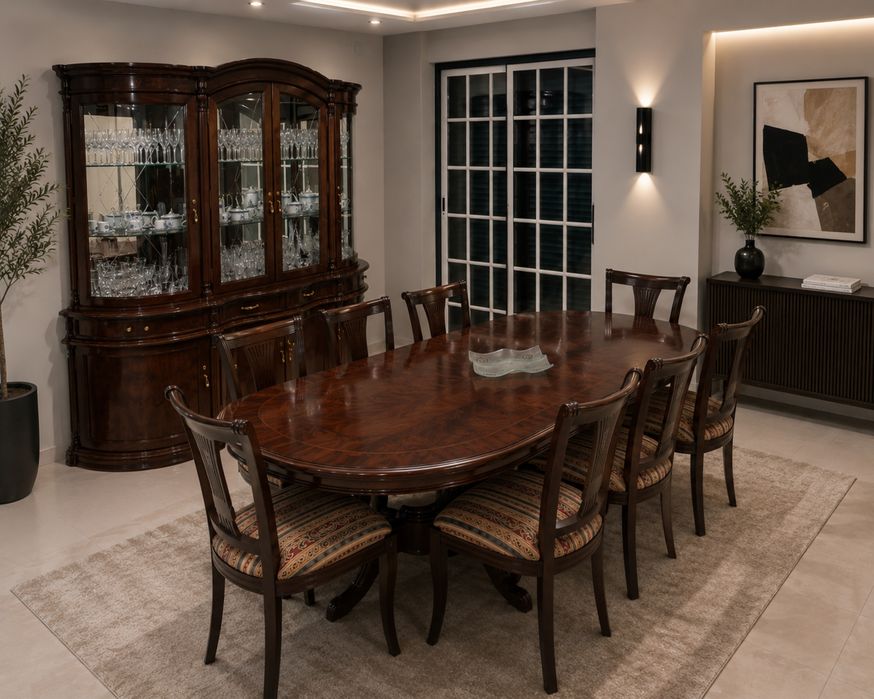Sala de Jantar Completa em Nogueira Maciça – Mesa + 8 Cadeiras + Cristaleira