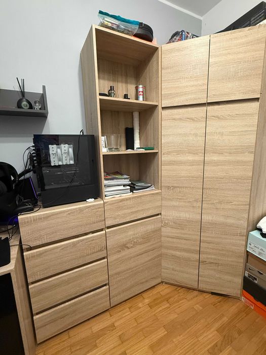 Komplet mebli do pokoju - szafa narożna, szafka, komoda, łóżko i biurko