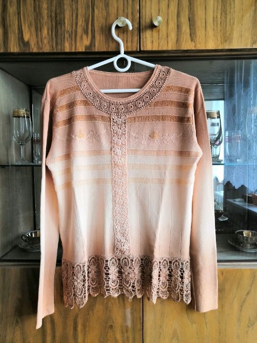 Efektowna Bluzka Sweter z Koronką M/L