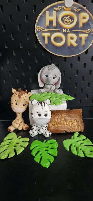 Figurki safari na tort dekoracja z masy cukrowej lew żyrafa małpka