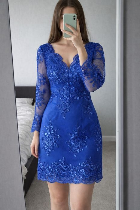 Elegancka sukienka koronkowa kolor kobaltowy rozmiar M wesele komunia