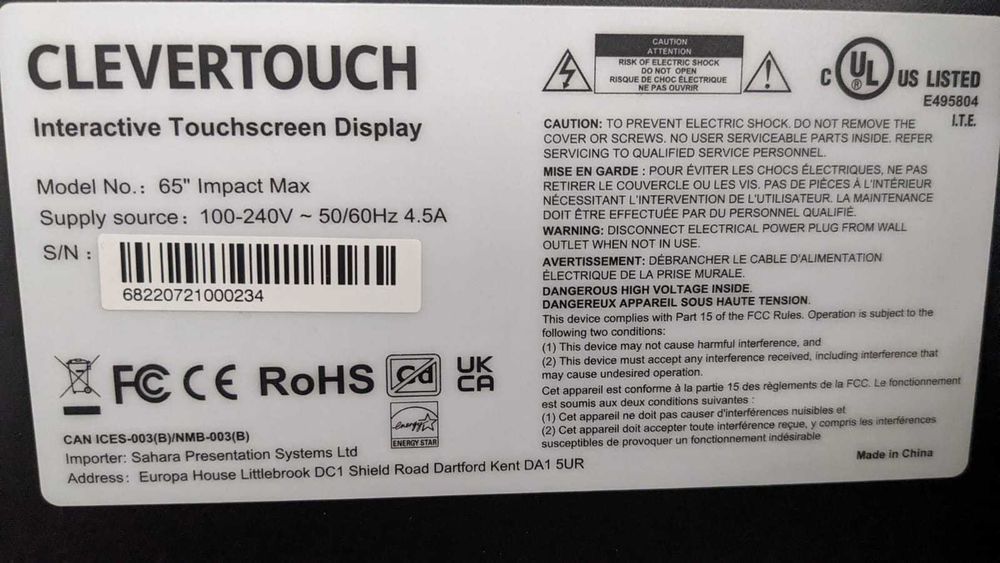 Ecrã interactivo Clevertouch de 65" p/ salas de reuniões e aulas + suporte de parede