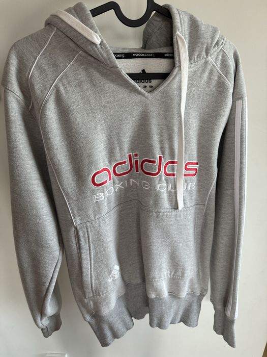 Szara bluza Adidas z kapturem, dekolt w serek, S.