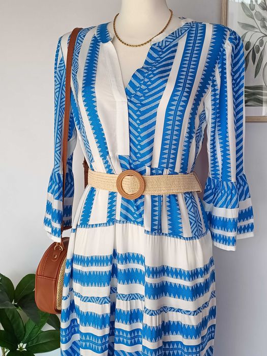 Niebieska sukienka maxi wzory etno 100% wiskoza 38 M boho