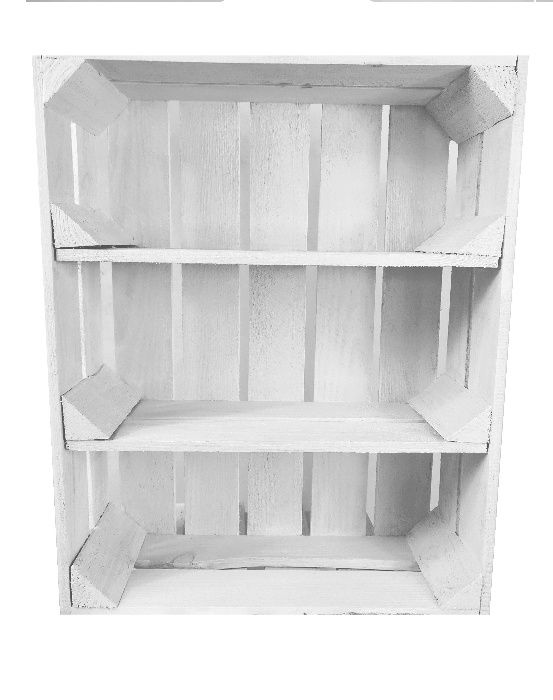 Skrzynka biała drewniana jedynka na owoce z dwoma półkami na meble