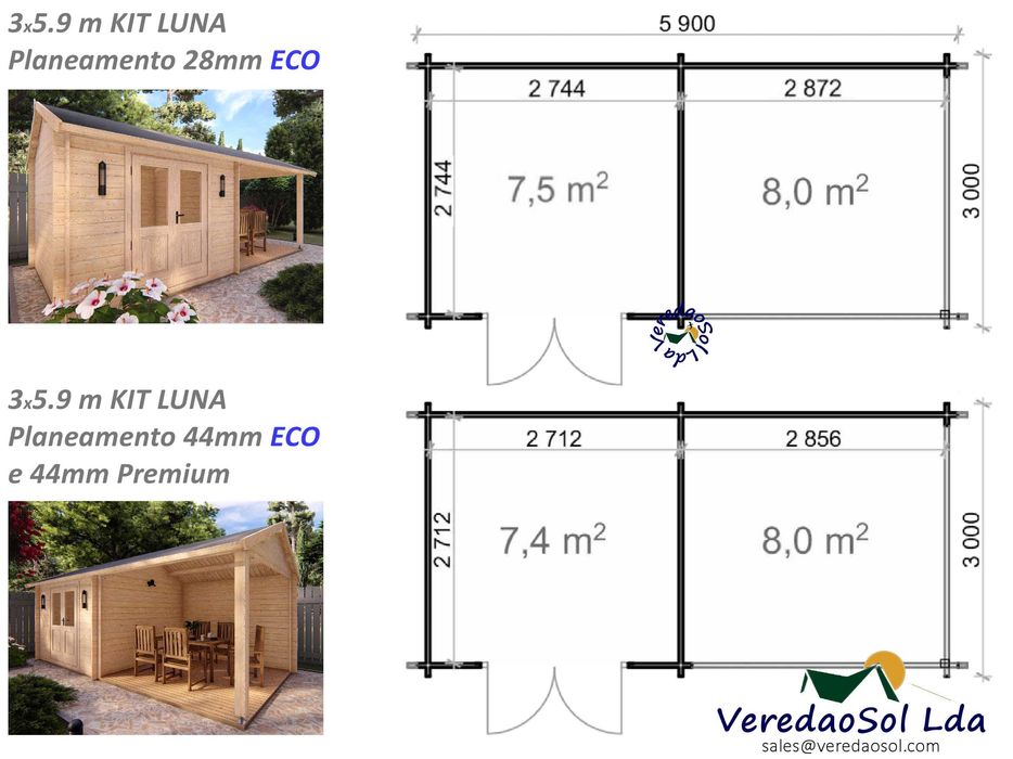 Casa Madeira LUNA Elise 28 e 44mm Coberta 22m² - Terraço 8m² 2 Modelos