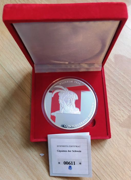 Olbrzym CERTYFIKAT Moneta Medal Wilhelm Tell Etui KAPSEL SREBRO Oryginał