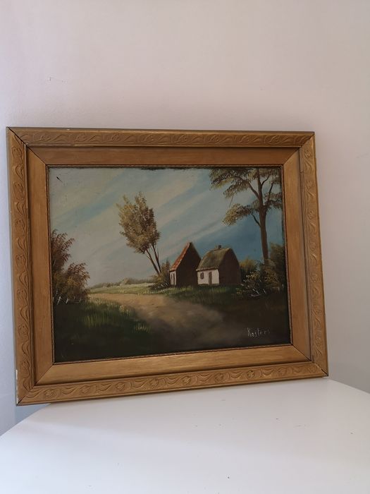 stary obraz olejny na płótnie sygnowany wieś krajobraz natura