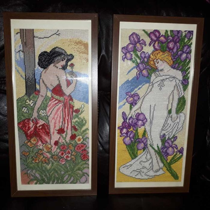 2 obrazy haft krzyżykowy damy kobiety kwiaty