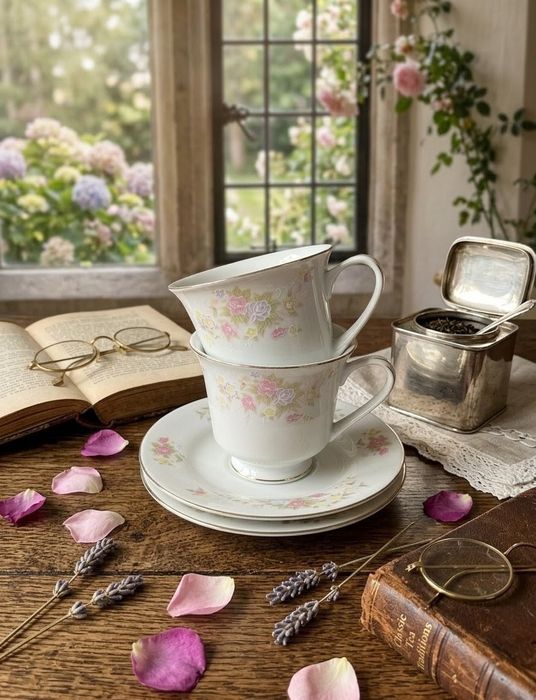 Elegante Conjunto de Chá em Porcelana Fina – Motivos Florais