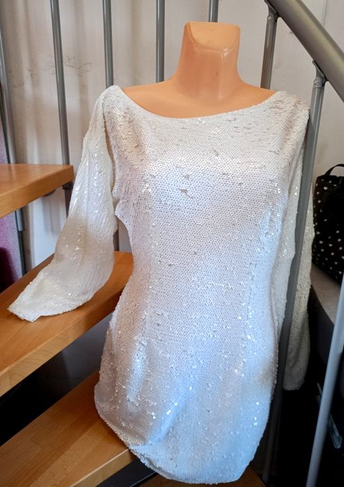 Sukienka z długimi rękawami mini biała cekiny imprezowa elegancka ASOS