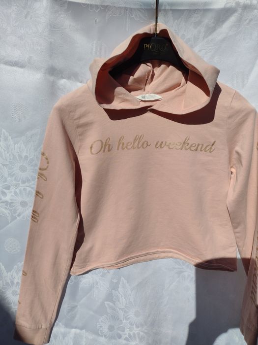 Crop-top brudny pudrowy róż bluza z kapturem ,długi rękaw,cienka