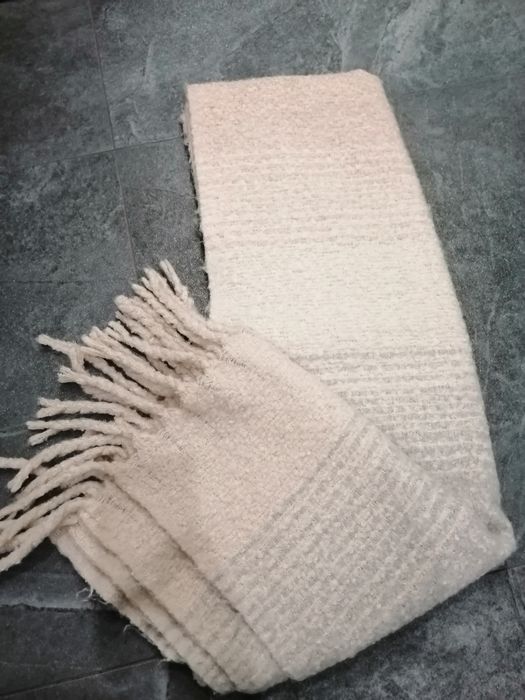 Duży szal j.nowy miękki ciepły pudrowy róż z szarym i beżowym