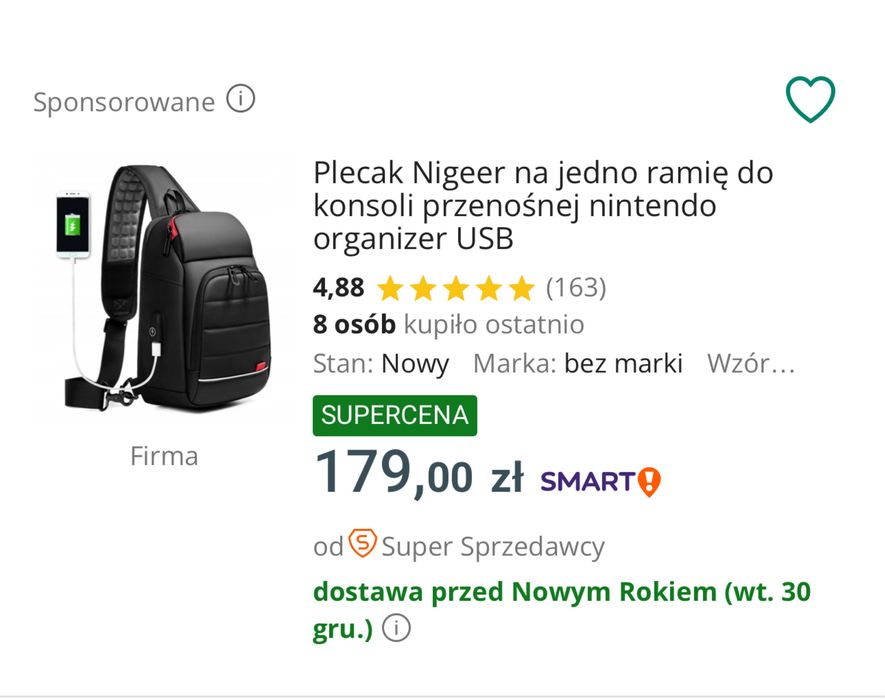 Plecak  saszetka usb nerka do ładowania nowe z metką