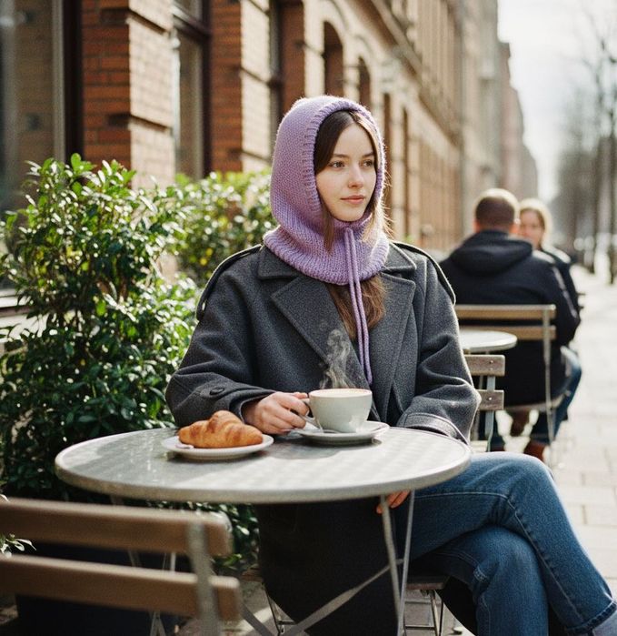 Balaclava oversize kominiarka kaptur zamiast czapki z merino liliowa