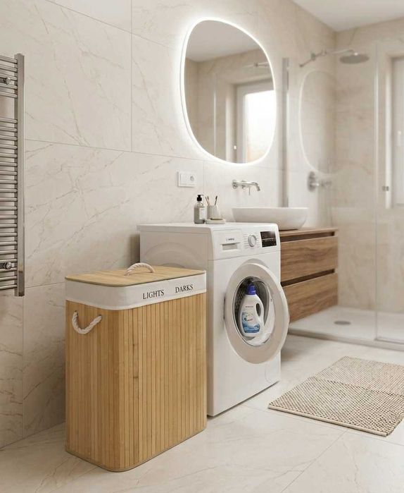 Duży Kosz Bambusowy na Pranie 100L Organizer Dwukomorowy Loft