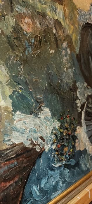 Obraz olejny z 1967 na sklejce sygnowany na wzór Renoir "W teatrze"