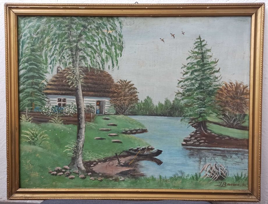 obraz w ramie wieś krajobraz wiejski J. Barańska 64,5 x 49,5 cm