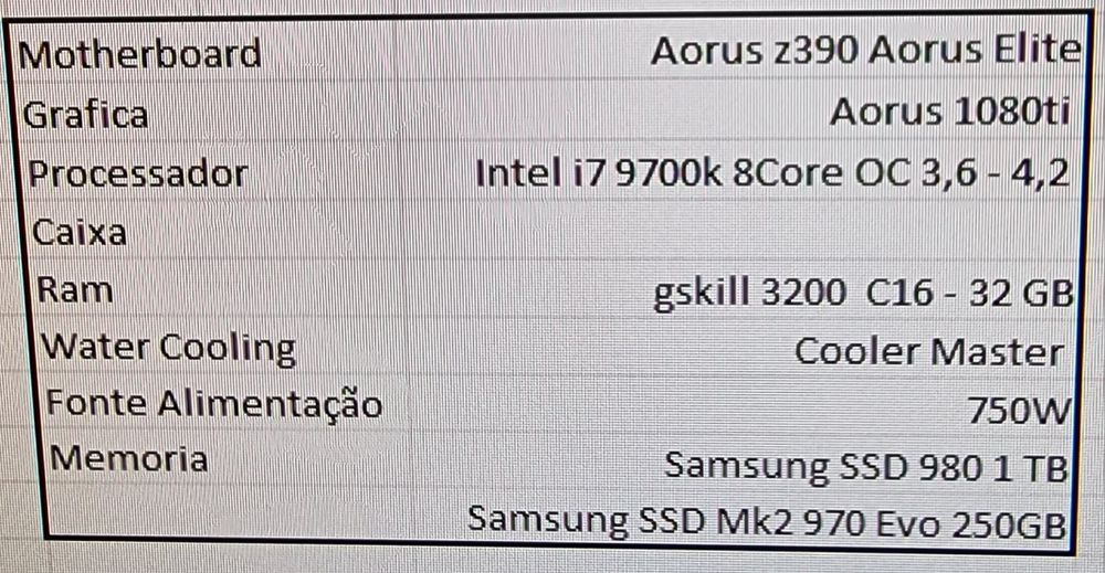 Computador i7 9700k GTX 1080TI AORUS