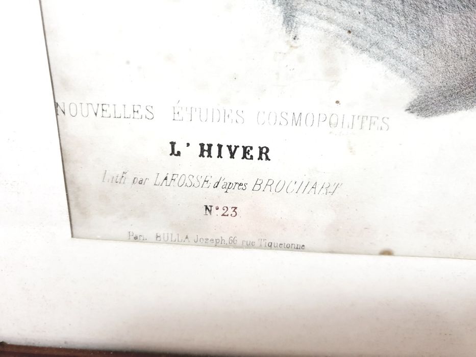 Grande antiga litografia francesa "retrato de uma mulher" emoldurada