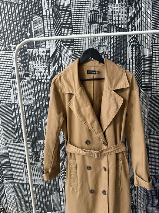 Довгий жіночій тренч на весну PLT стильний двобортний тренч з поясом