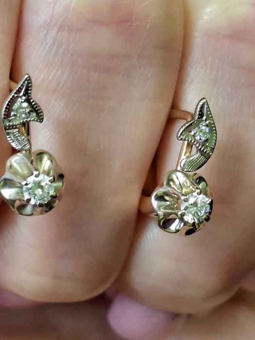 Золотые серьги Тюльпаны СССР 583 проба Бриллианты 0.25ct Киев (с биркой)