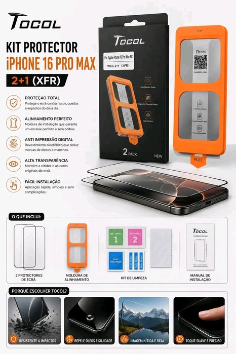 Película de Vidro TOCOL para iPhone 16 Pro Max – Kit 2+1