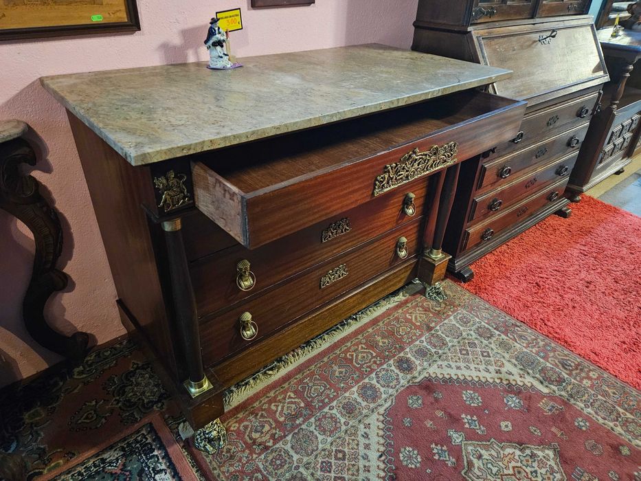 Cómoda antiga estilo Império em madeira e tampo em pedra - Bom estad