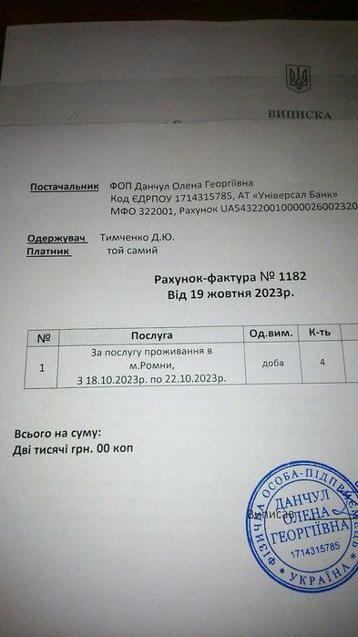 Подобово квартира. Документи. Фiскальний чек.