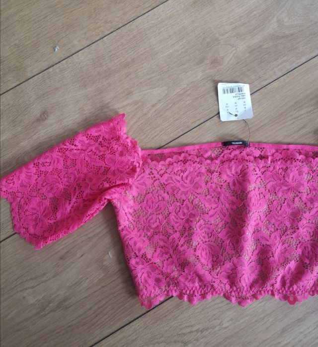 Top koronkowy neon róż Tezenis off shoulder NOWY z metką
