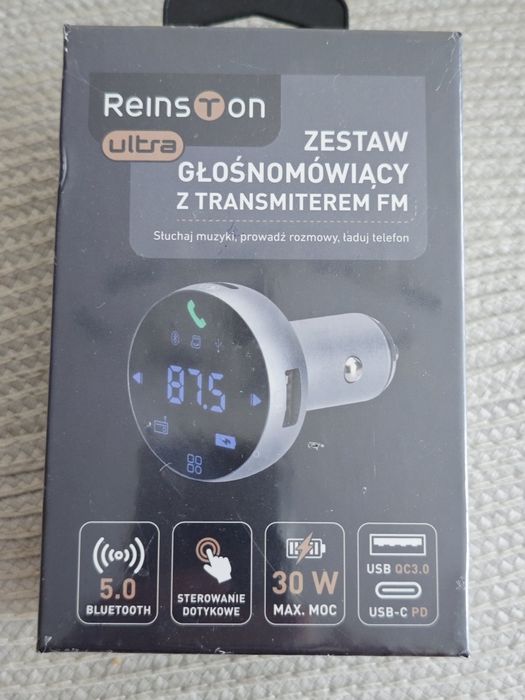 Transmiter FM do auta, Bluetooth, ładowanie 30W, MicroSD, USB,  sterowanie dotykowe, zestaw głośnomówiący