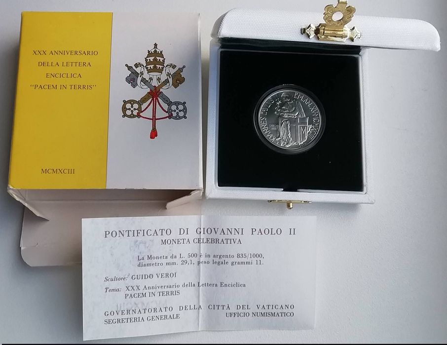 Ватикан 500 лір. 1993р. СРІБЛО. Мир у всьому світі. Сертифікат.