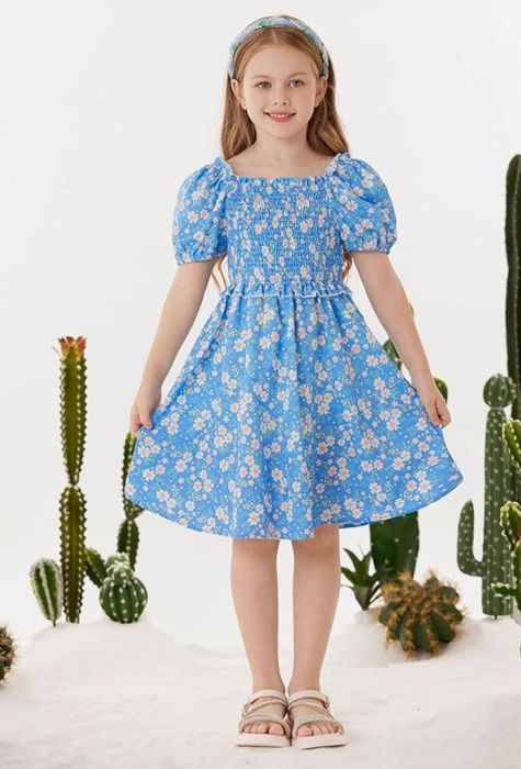 Sukienka w kwiaty dla dziewczynki,niebieska,rozm.140-152cm GRACE KARIN