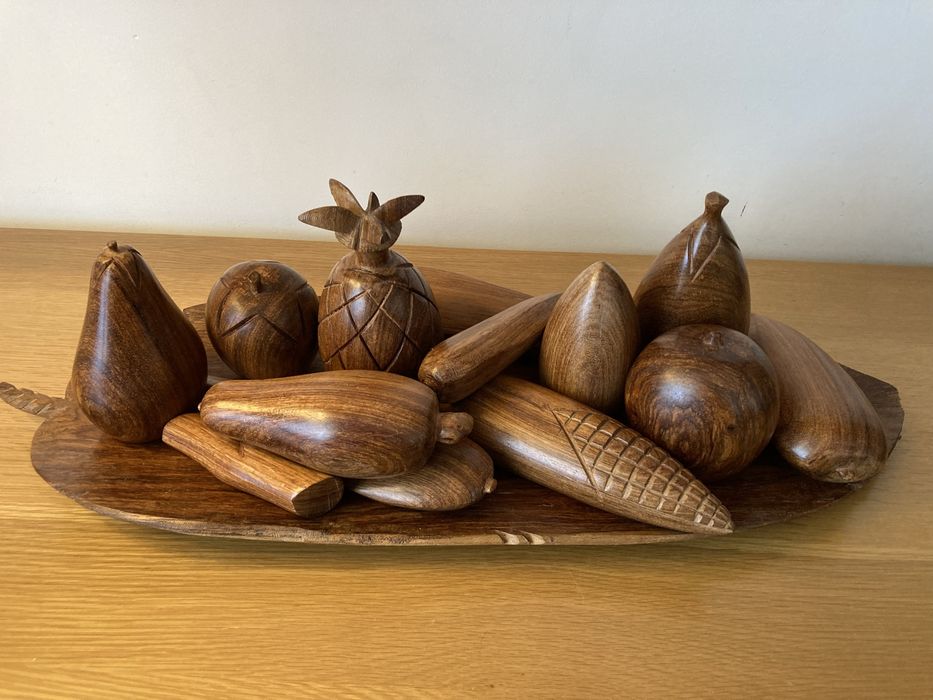 Artesanato do Senegal: Fruteira e Frutas em Madeira Maciça Esculpida