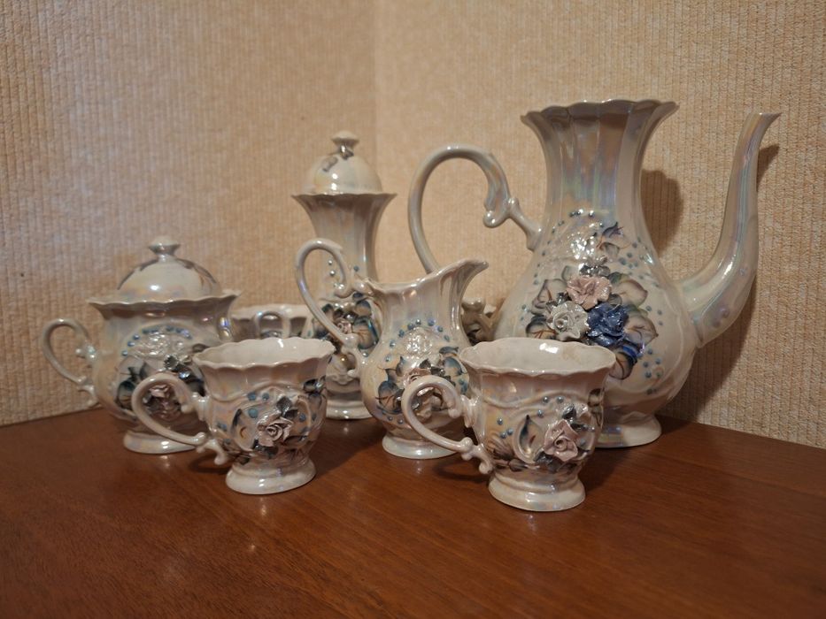 Вінтажний чайний сервіз з гжельським декором, ручна робота
