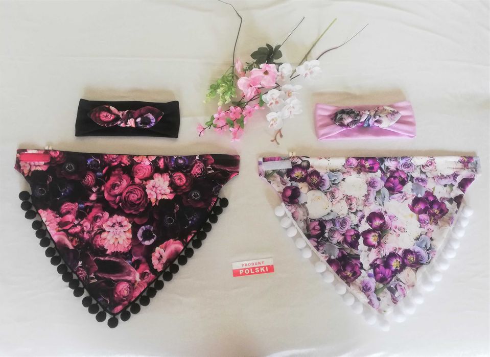 Komplet - hand made - szeroka opaska z kokardką + chusta z pomponami